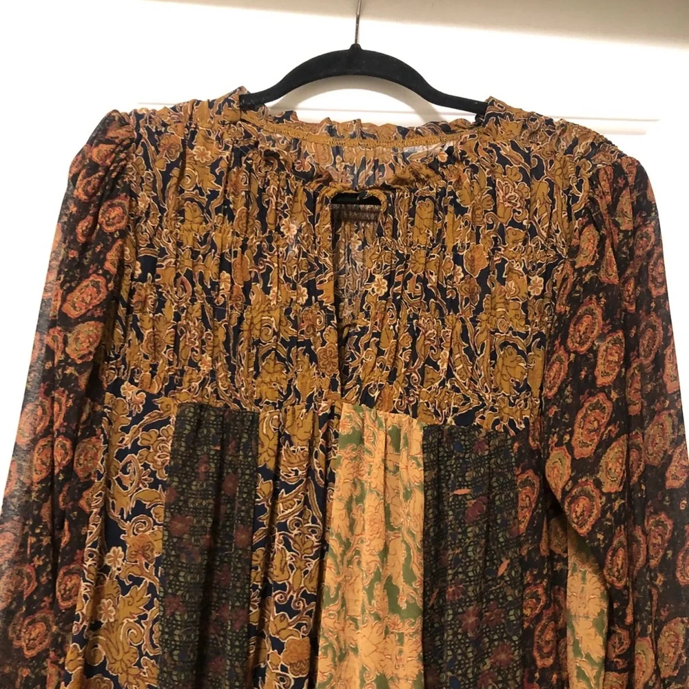 Free People Merrie Mixed Print Tunic Top Long Sleeve Smocked Boho Small